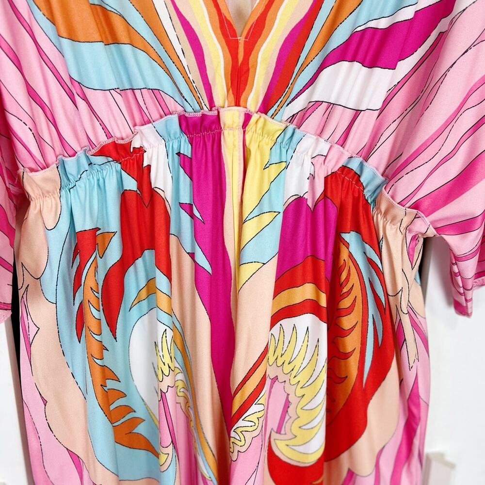 Pink Abstract Batwing Sleeve Elastic Waist Button Down Summer Maxi Dress Size XL - Picture 6 of 16